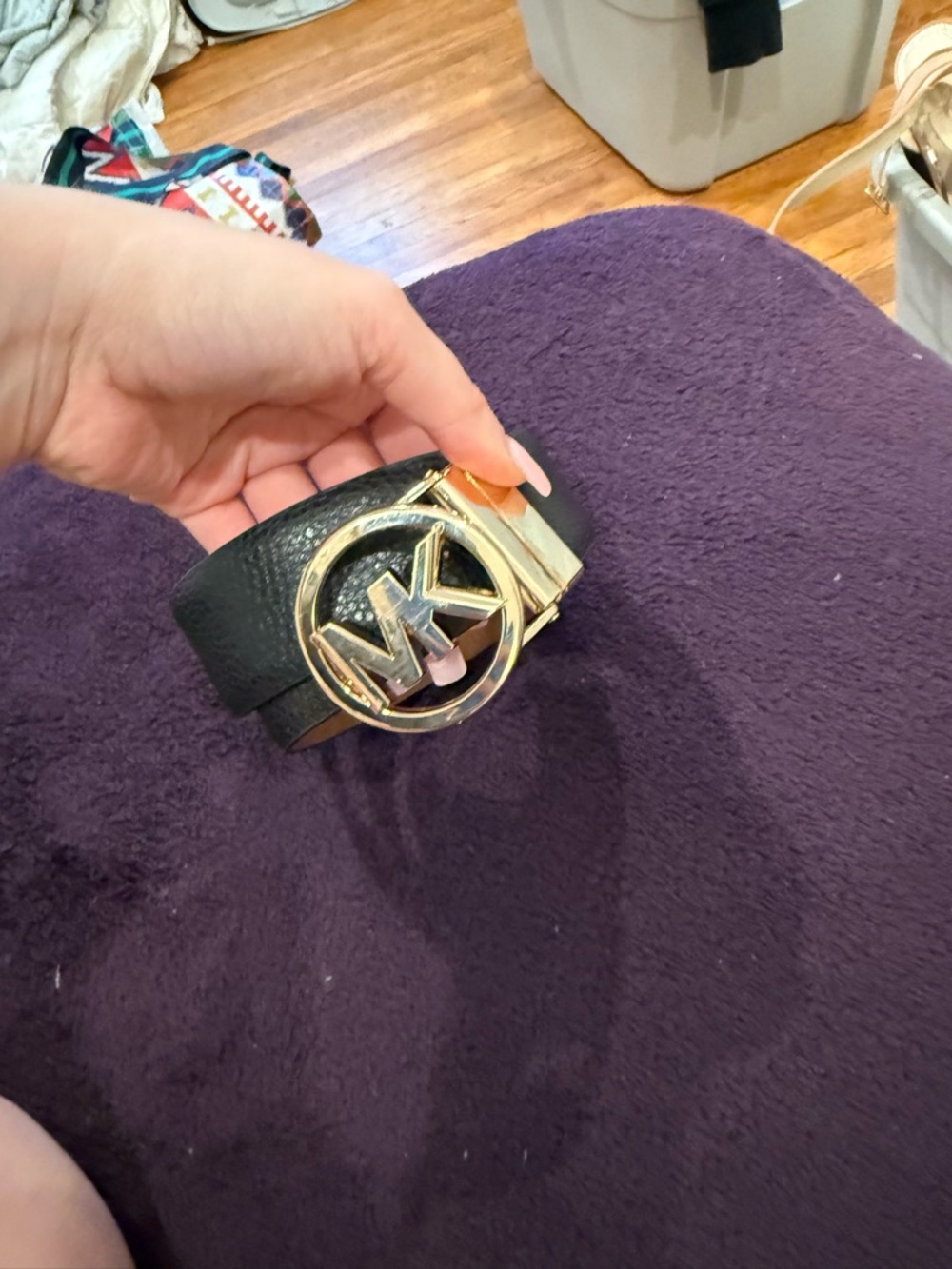 Michael Kors Black Leather Belt with Gold MK Logo Buckle